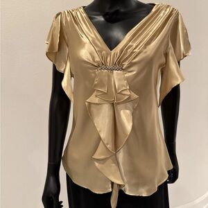 Another Thyme Gold Metallic Satin Portrait Neck Line Flutter Sleeves Size 8